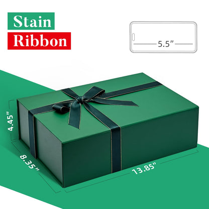 LIFELUM Green Gift Box for Presents 1 Pack 13.85 x 8.35 x 4.45 inch Big Decorative Large Gift Box for Clothes with Magnetic Lids Luxury Accessories Card, Ribbon, Filler,Sticker