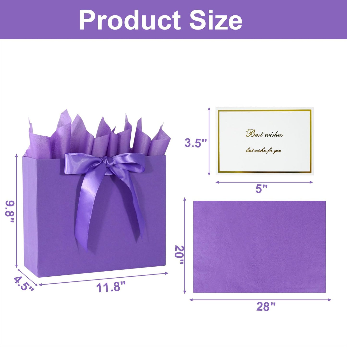 Elegant Purple Gift Bag 11.8"x4.5"x9.8" with Ribbons Handles, Includes Card and Tissue for Weddings, Birthdays, Baby Shower Parties, Holidays