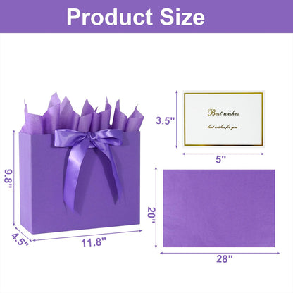 Elegant Purple Gift Bag 11.8"x4.5"x9.8" with Ribbons Handles, Includes Card and Tissue for Weddings, Birthdays, Baby Shower Parties, Holidays