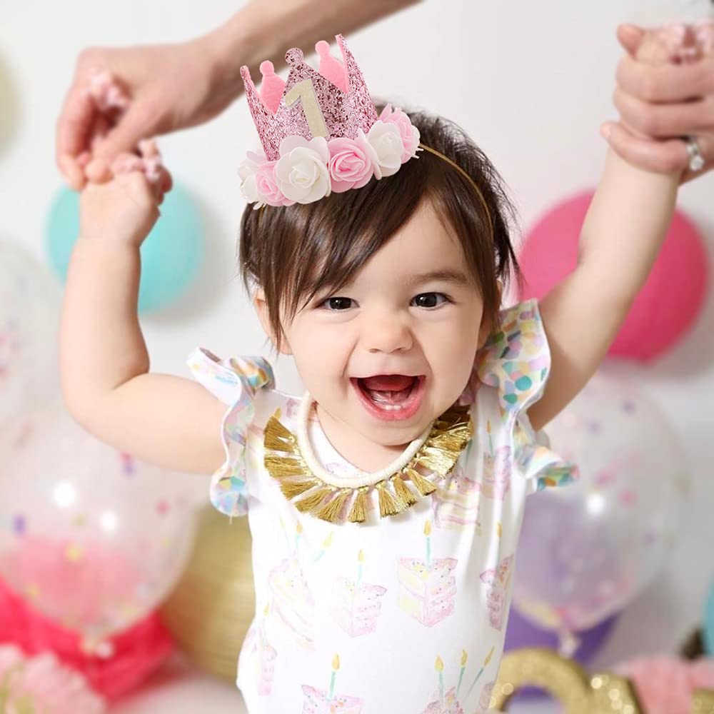Kbrand Hat First Birthday 1st For Baby Girl Decoration Gifts Rose Gold Baby Pink Party Crown One Year Old Flowers Princess Pink 3inch