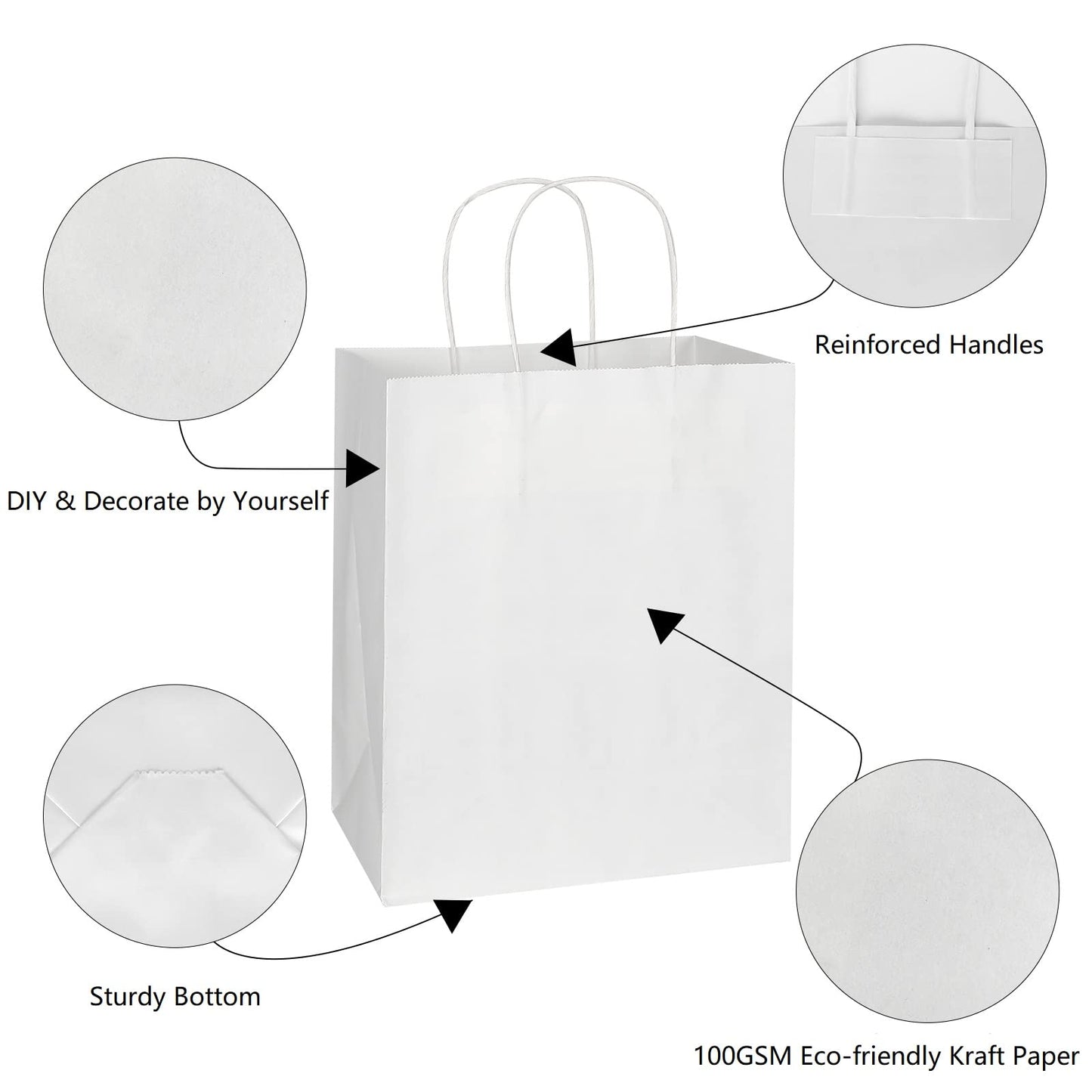 Toovip 100 Pack 8x4.75x10 Inch Medium White Kraft Paper Bags with Handles Bulk, Gift Wrap Bags for Favors Grocery Retail Party Birthday Shopping Business Goody Craft Merchandise Take Out Sacks