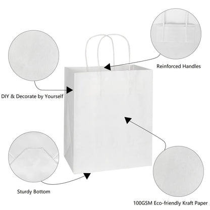 Toovip 100 Pack 8x4.75x10 Inch Medium White Kraft Paper Bags with Handles Bulk, Gift Wrap Bags for Favors Grocery Retail Party Birthday Shopping Business Goody Craft Merchandise Take Out Sacks