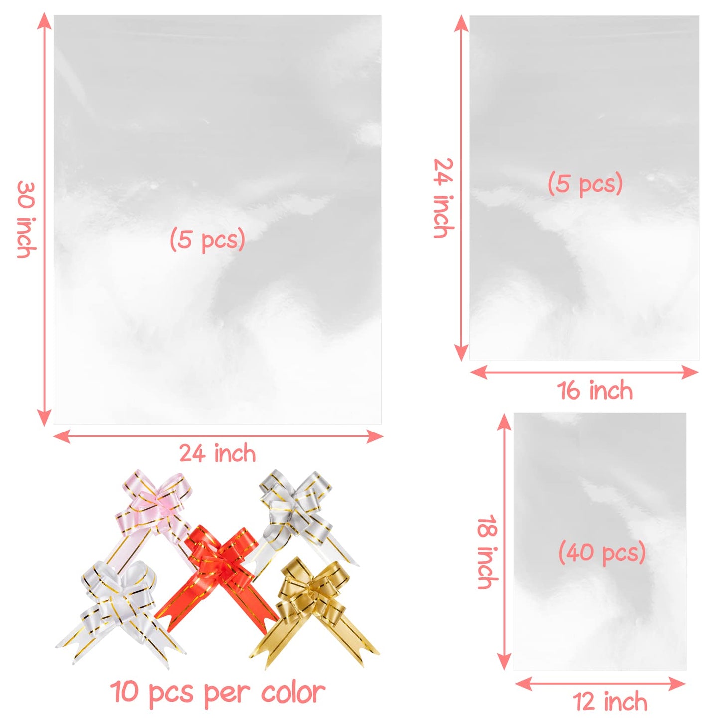 Labeol 50pcs Cellophane Bags 3 Sizes Cellophane Wrap for Gift Baskets 24x30 16x24 12x18 Large Clear Plastic Packaging Bags with 50 Pull Bows for Gift Wrapping