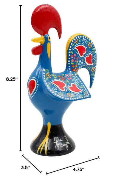 8.25" Traditional Hand-Painted Portuguese Good Luck Rooster Galo Barcelos Metal Figurine - Made in Portugal, Symbol of Good Luck & Prosperity - Collectible Souvenir (Blue)