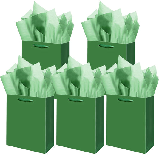 Gcardist Dark Green Gift Bags with Tissue Paper for Wedding, Birthday, Party Supplies-7.9"x4.3"x9.6" Medium Size Cardboard Gift Bags（5pcs Bags + Tissue Paper ）