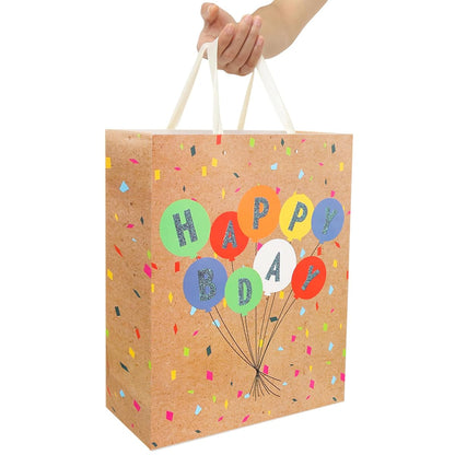 Dimetey 4pcs 13'' Happy Gift Bags in 4 Designs, Includes Greeting Cards, Large Paper Bags with Handles, Ideal for Kids, Adults Birthdays