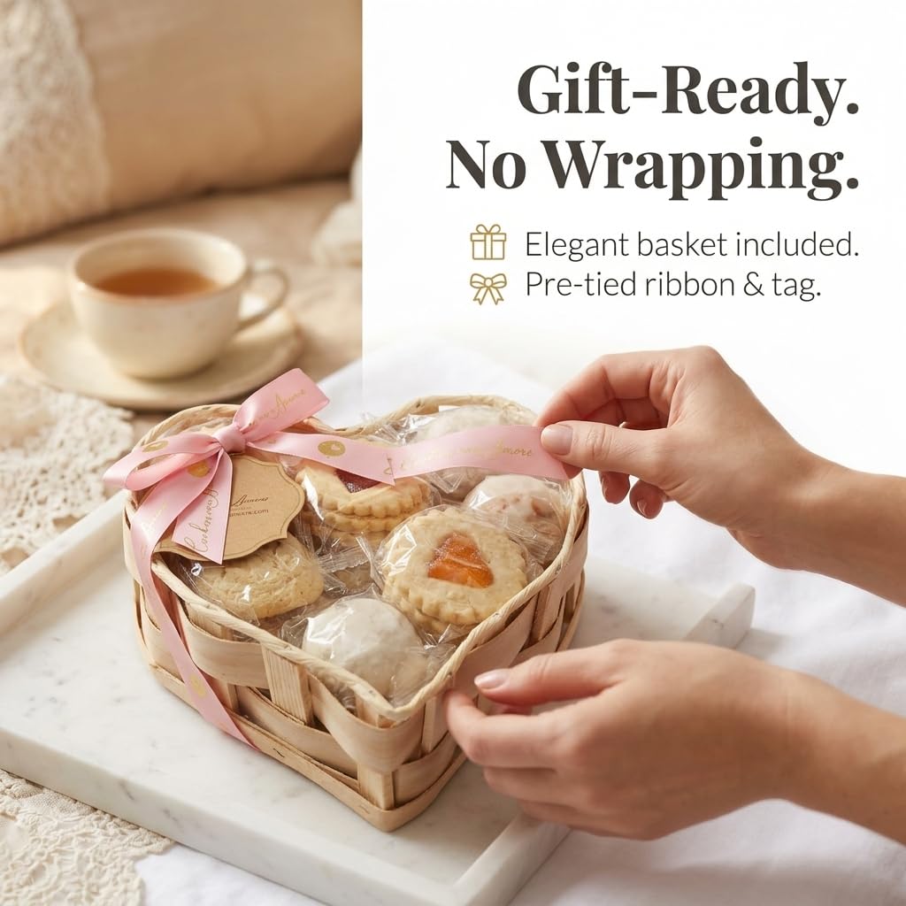 Romantic Mother's Day Cookie Gift Basket For Mom, Heart Shaped Assortment Of 5 Italian Style Flavors, Individually Wrapped 16 Ounce Bakery Treats With Coffee And Tea Pairing