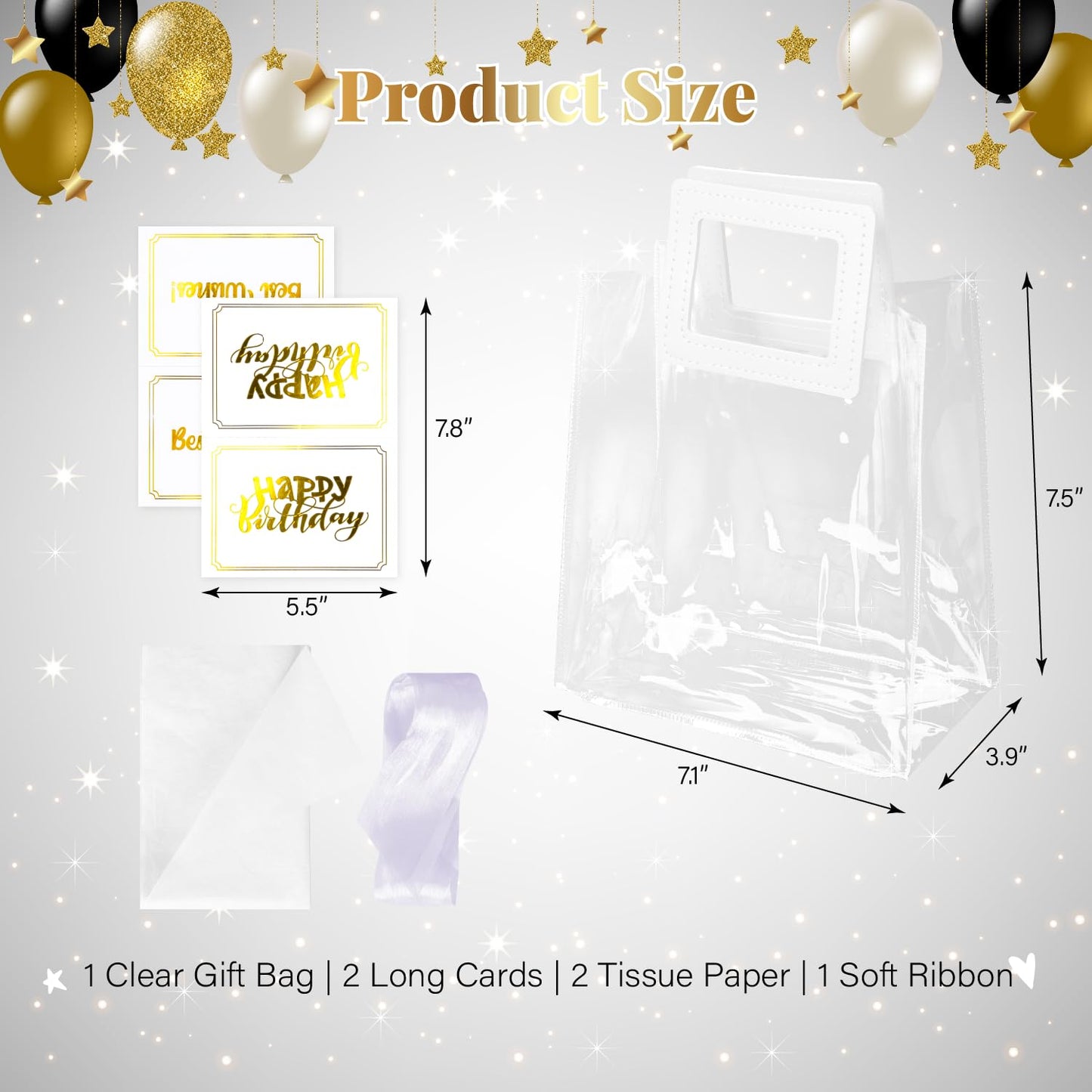 ysmile Small Clear Gift Bag with Tissue Paper for Women Men Boys Girls, Birthday, Anniversary, Baby Shower, Wedding, Reusable 7.5" - White