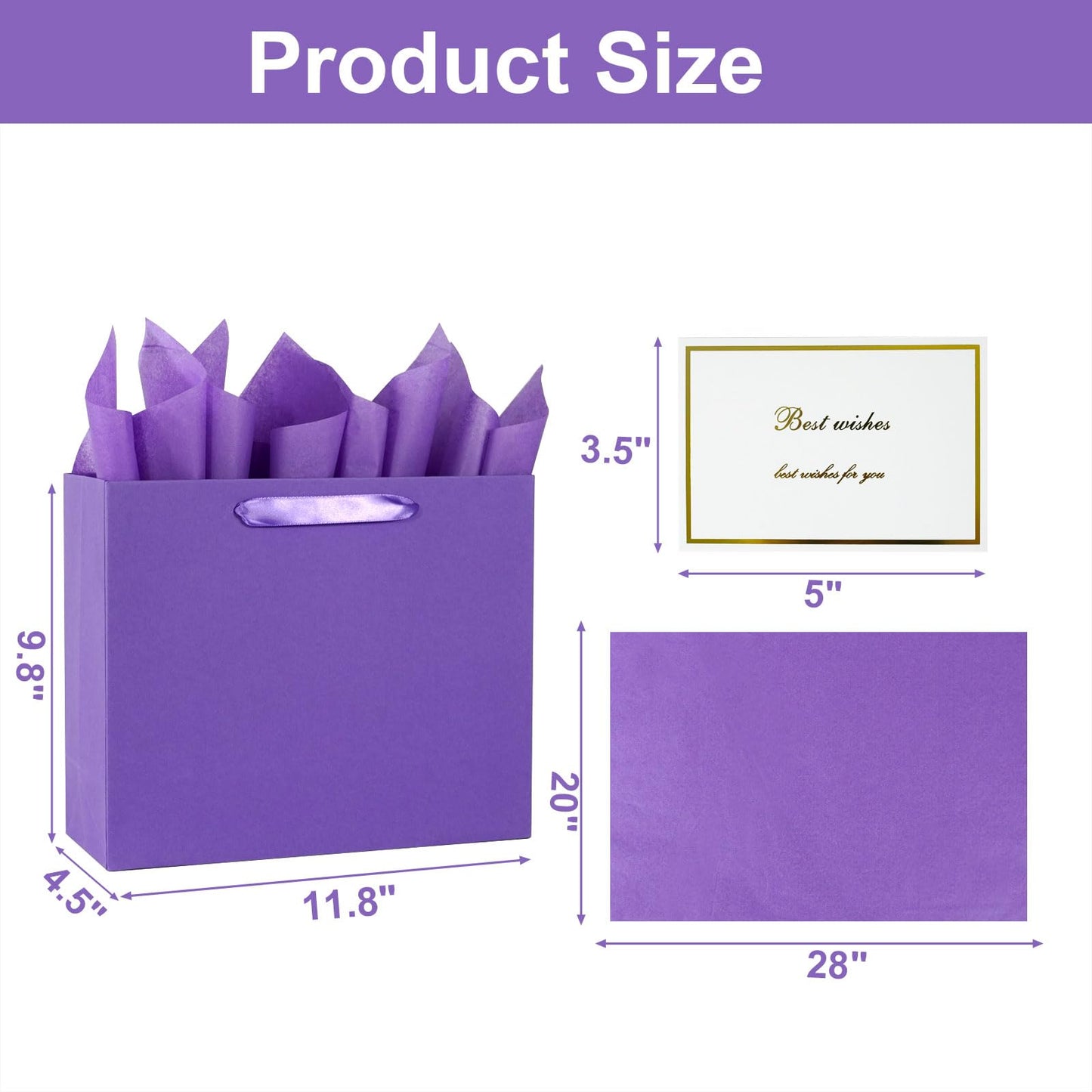 Elegant Purple Gift Bag 11.8"x4.5"x9.8" with Ribbon Handles, Includes Card and Tissue Papers, Perfect for Birthdays, Weddings, Parties, Holidays, Baby Shower