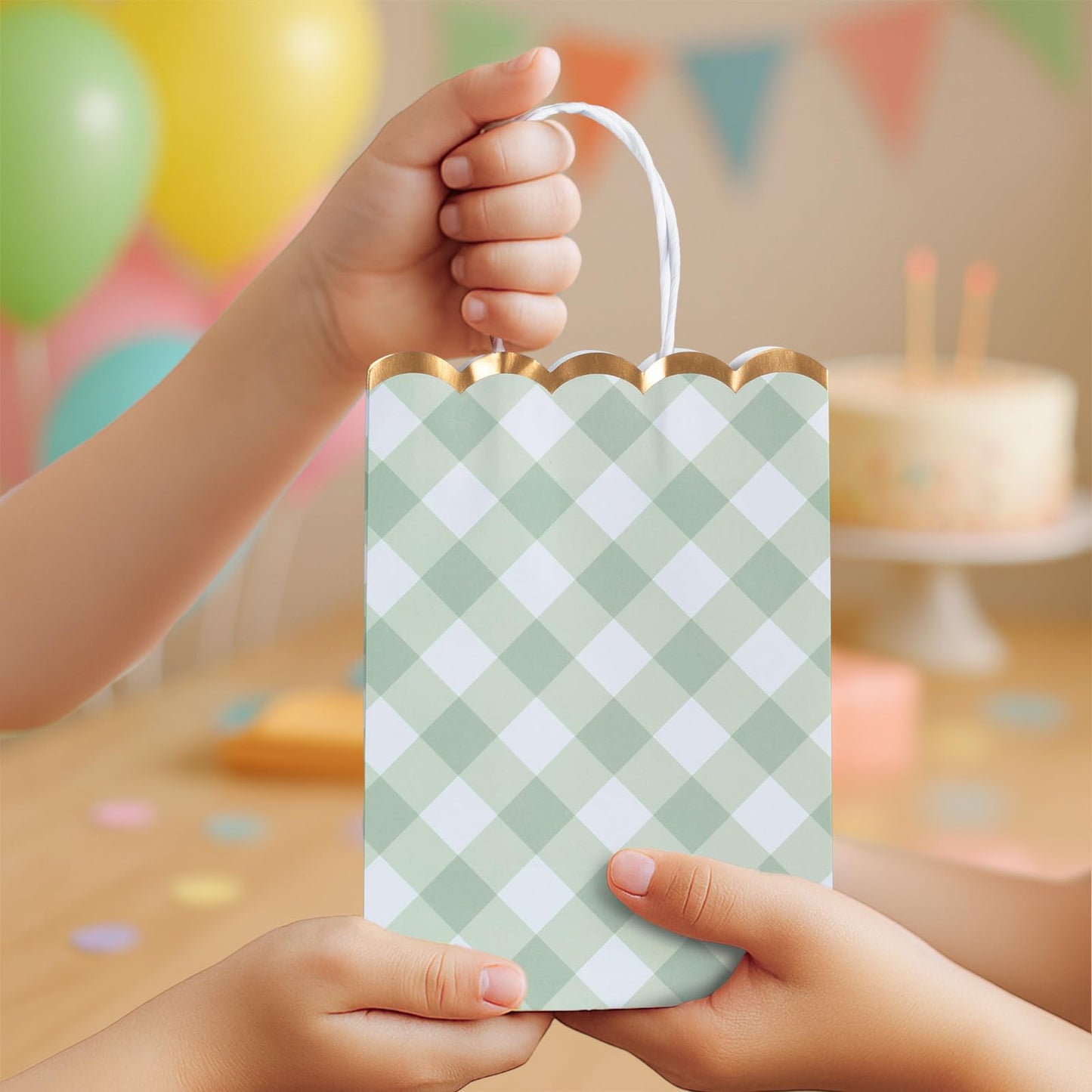 Small Gift Bags with Handles, 12-Pack Paper Party Favor Goodie Bags, 5.82 x 3.54 x 8.18 Inches, 6 Designs in Picnic Daydream, Ideal for Easter, Birthdays, Baby Showers, and Christmas Parties