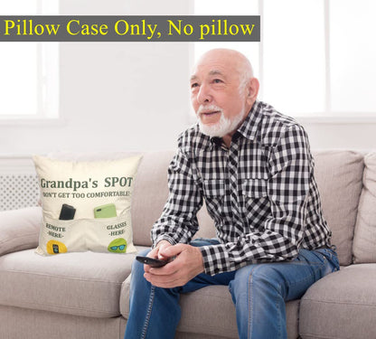 ZUYUROU Grandpa Gifts,2-Pocket Grandpa’s Spot Throw Pillow Covers 18x18 Inch + Engraved Spoon, Fathers Day Birthday Christmas Thanksgiving Day Gifts for Papa, Granddad