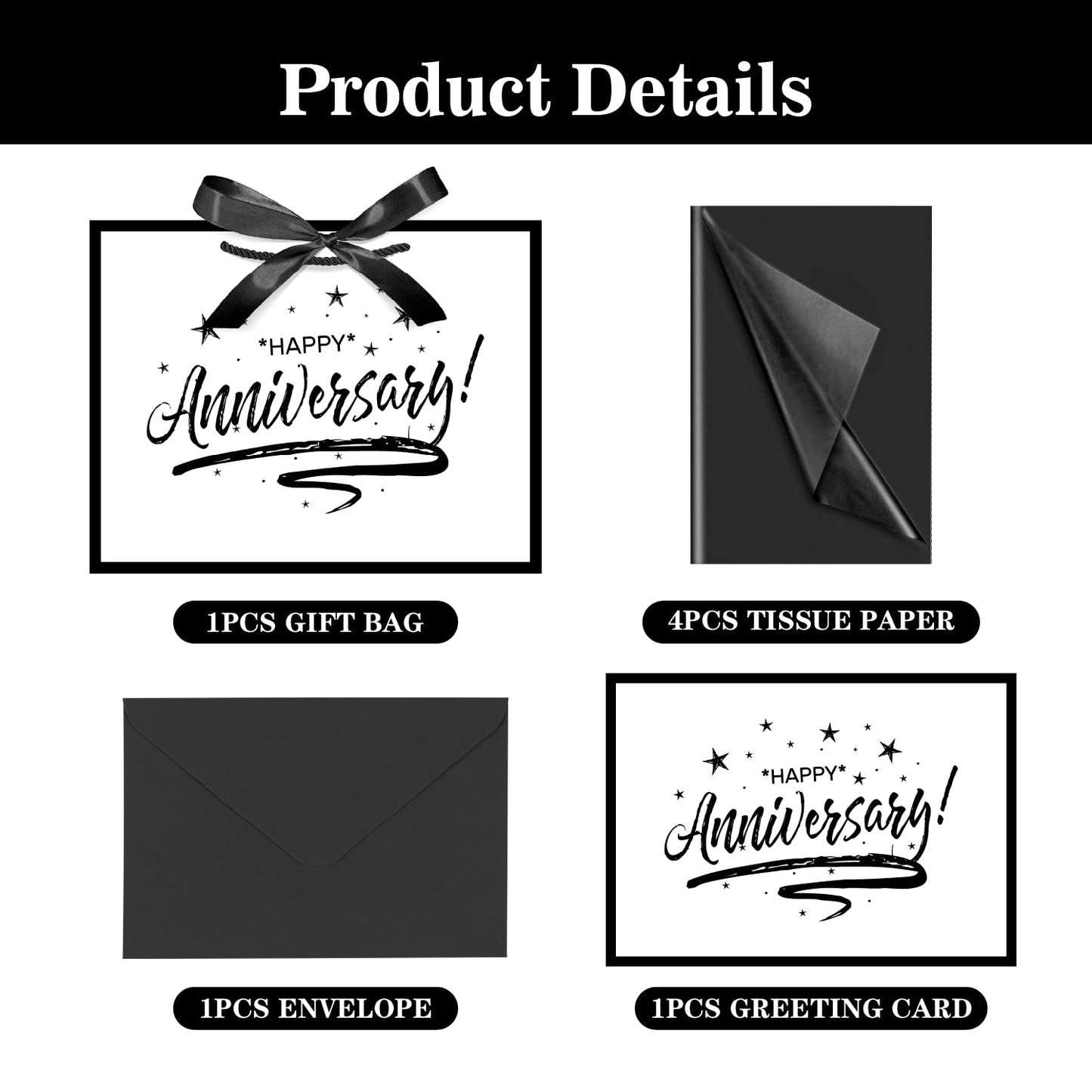 XiaosRen Extra Large Happy Anniversary Bag with Tissue Papers and Card, White Black Gift Bag with Ribbon for Men Women Anniversary Party Supplies (17" Star)