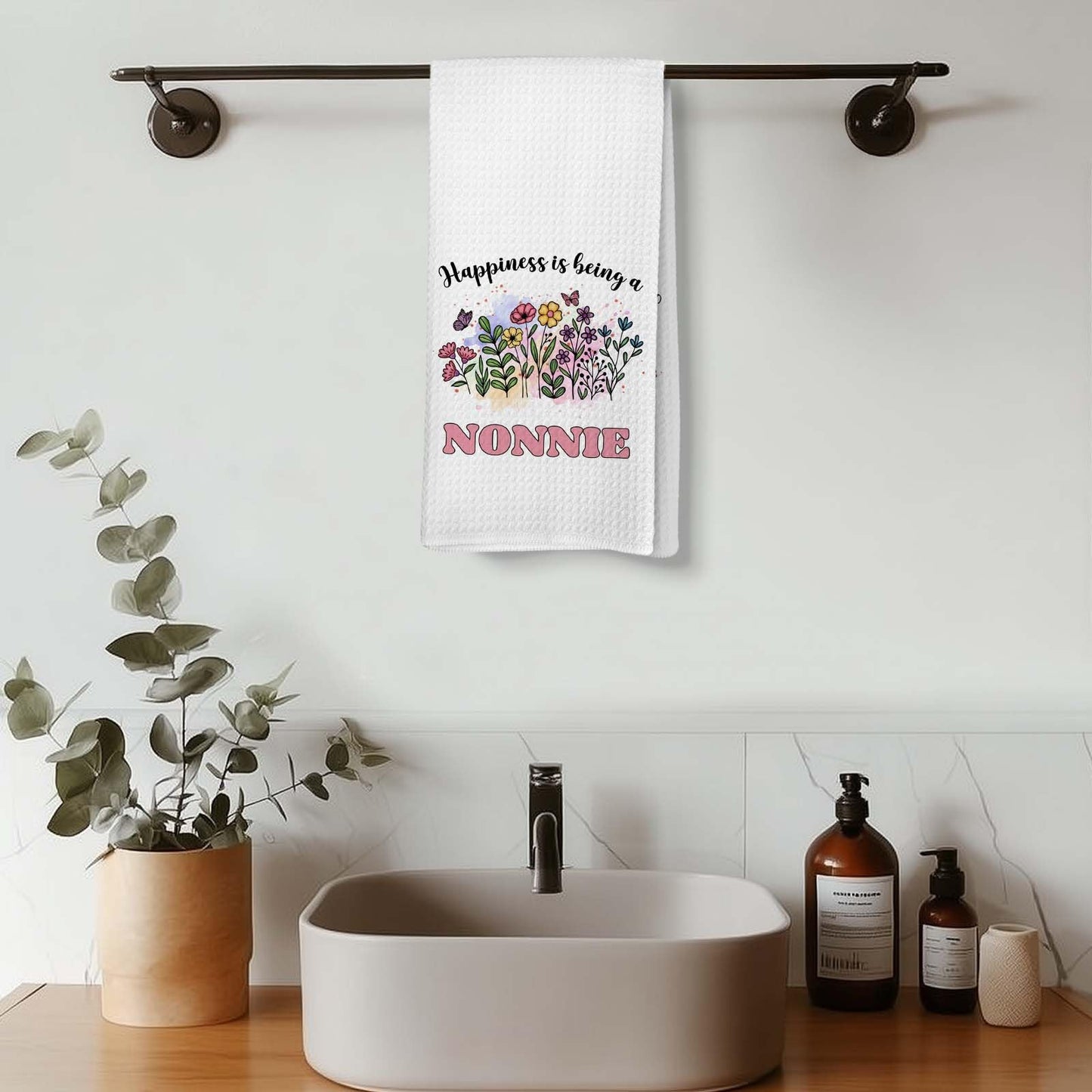 Happiness is Being a Nonnie Kitchen Towels, Grandma Hand Towels, Gifts for Nonnie Mother’s Day Dish Towel for Kitchen, Grandma Gifts Floral Hand Towel for Home Bathroom Decor 16x24 Inch