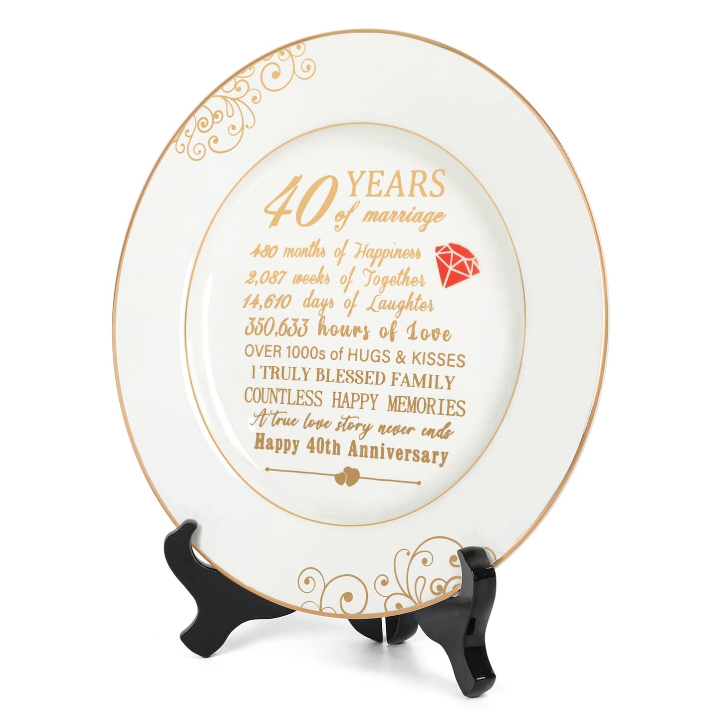 Urllinz 40th Anniversary Wedding Gifts for Wife - 40 Year Anniversaty Plate with 24k Gold Foil, Happy Decorations for Couple Parents Him Her Husband, Ceramic 9"