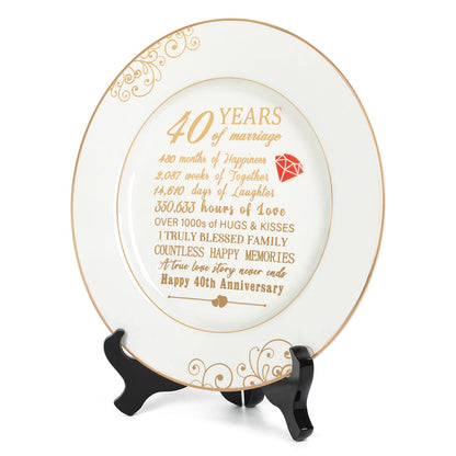 Urllinz 40th Anniversary Wedding Gifts for Wife - 40 Year Anniversaty Plate with 24k Gold Foil, Happy Decorations for Couple Parents Him Her Husband, Ceramic 9"