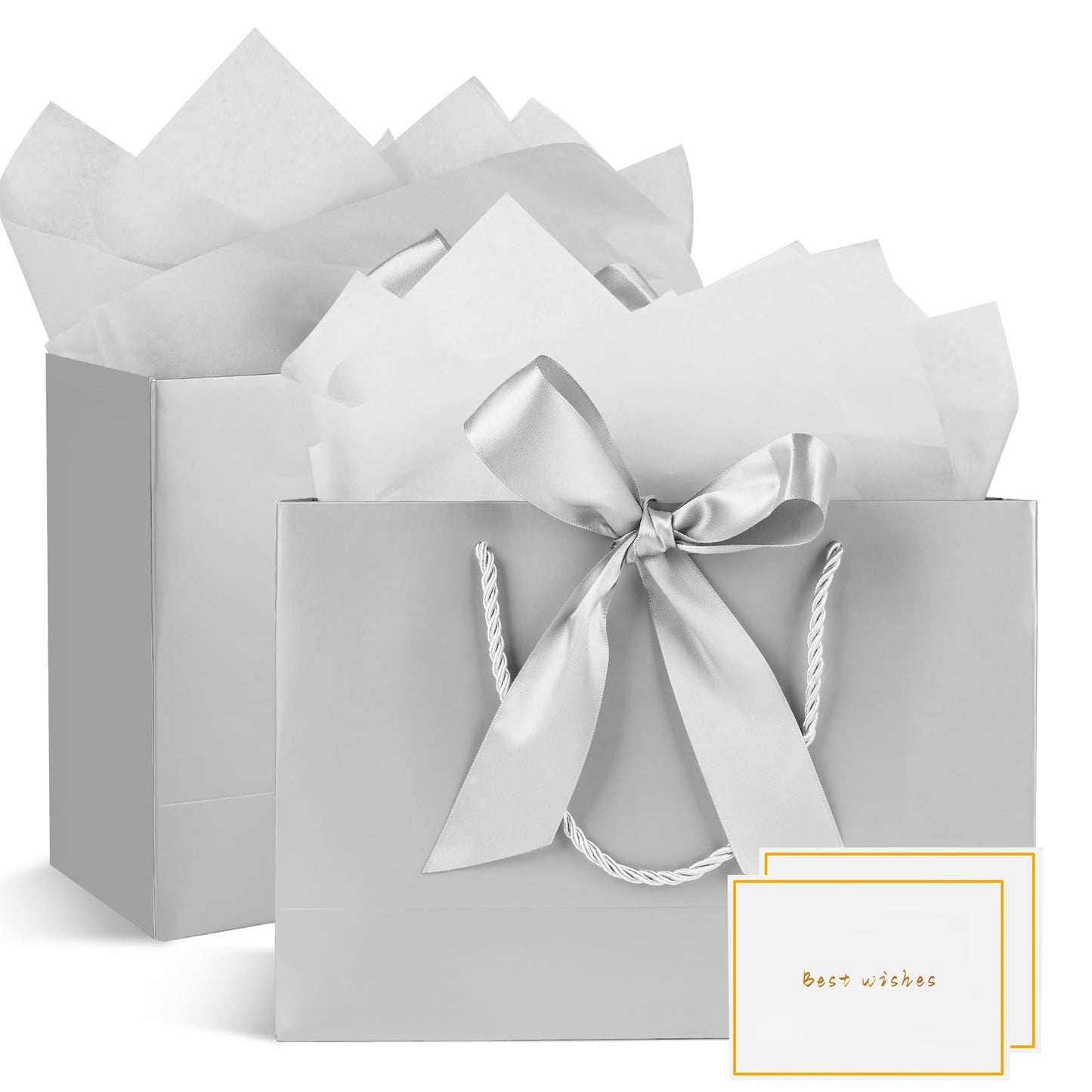 Gfractolux Medium Gift Bags With Tissue Paper, Cards, and Handles - 2 Pcs for Birthdays, Baby Shower, Wedding, Party Favor, Holiday Presents - 11"X7.9"X3.9" (Silver)