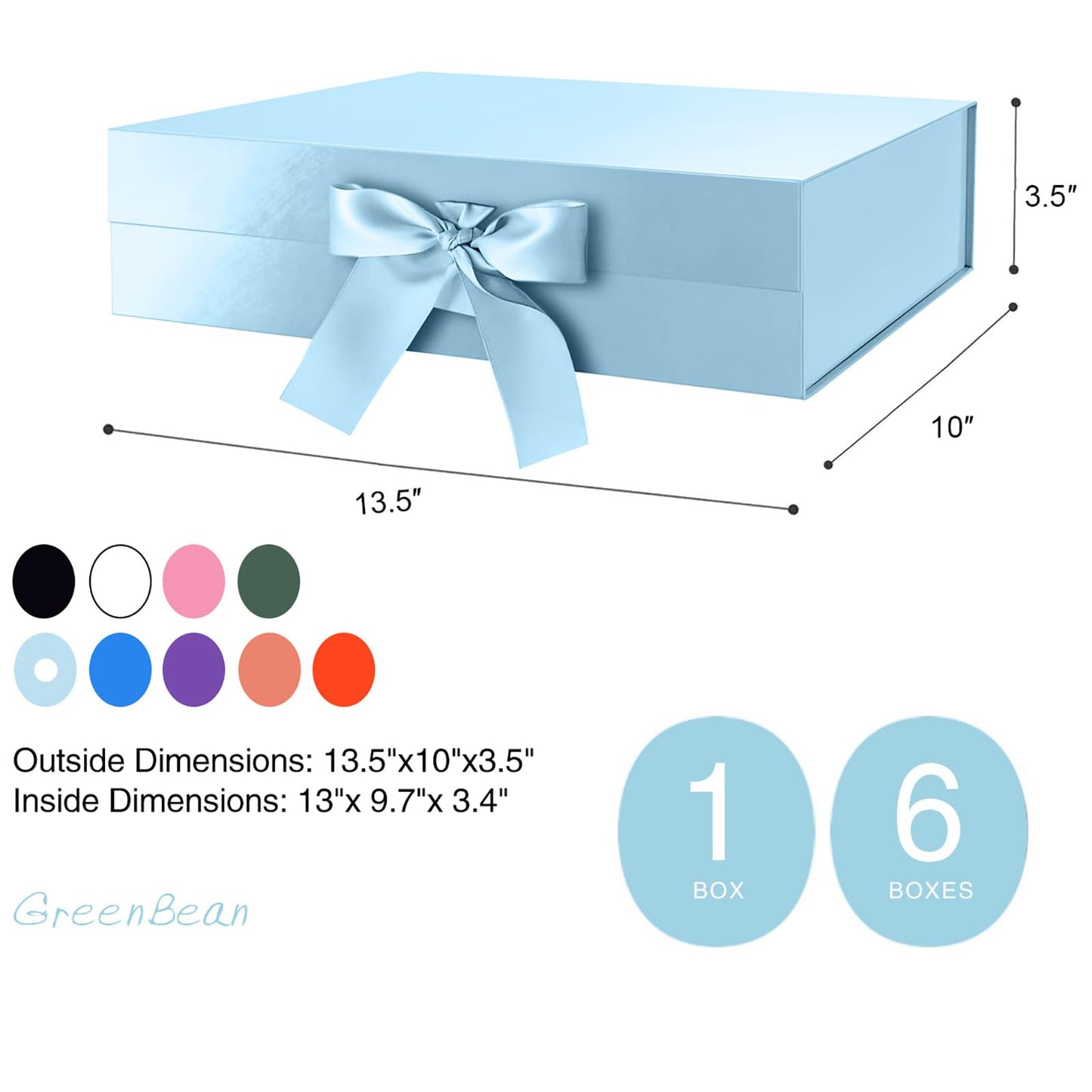 GREEN BEAN Large Gift Box with Lid for Present 13x9.7x3.4 Inches, Baby Blue Magnetic Box with Ribbon, Bridesmaid Proposal, Luxury Gifts Box(Glossy Baby Blue)