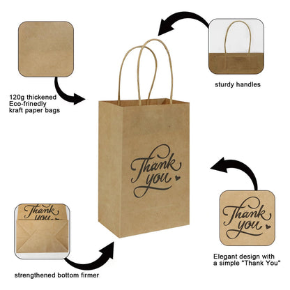 bagmad 100 Pack 5.25x3.25x8 Inch Small Brown Paper Gift Bags with Handles Bulk, Thank You Kraft Paper Bags for Party Favors Grocery Retail Shopping Wedding Craft Cub Sacks (Plain Natural, 100pcs)