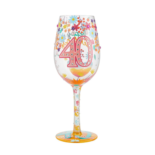 Enesco Designs by Lolita Happy 40th Birthday Hand-Painted Artisan Wine Glass, 15 Ounce, Multicolor