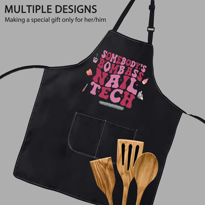 POFULL Nail Technician Gift Somebody’S Bomb Ass Nail Tech Apron Nail Artist Gift