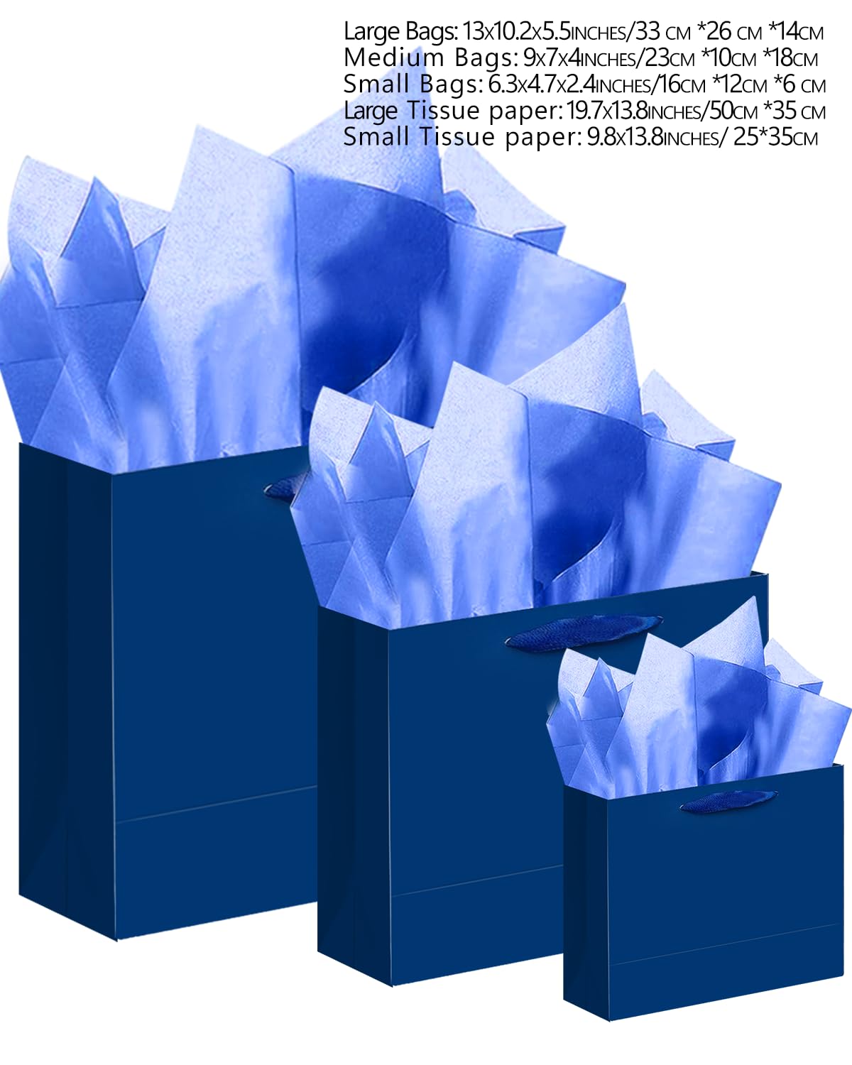 qiqee 10PCS Nordic Blue Gift Bags with Ribbon Handles Mulit Assorted Sizes Gift Wide Bags (2pcs Large 13", 4pcs Medium 9.6", 4pcs Small 6.3",Tissue Paper)