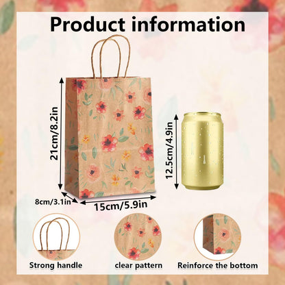 24pcs Floral Pattern Kraft Paper Bag Gift Bags with Handles for Party Favors, Mothers Day, Weddings, Birthday Celebration, Baby Shower,8.26×5.9×3.14inch