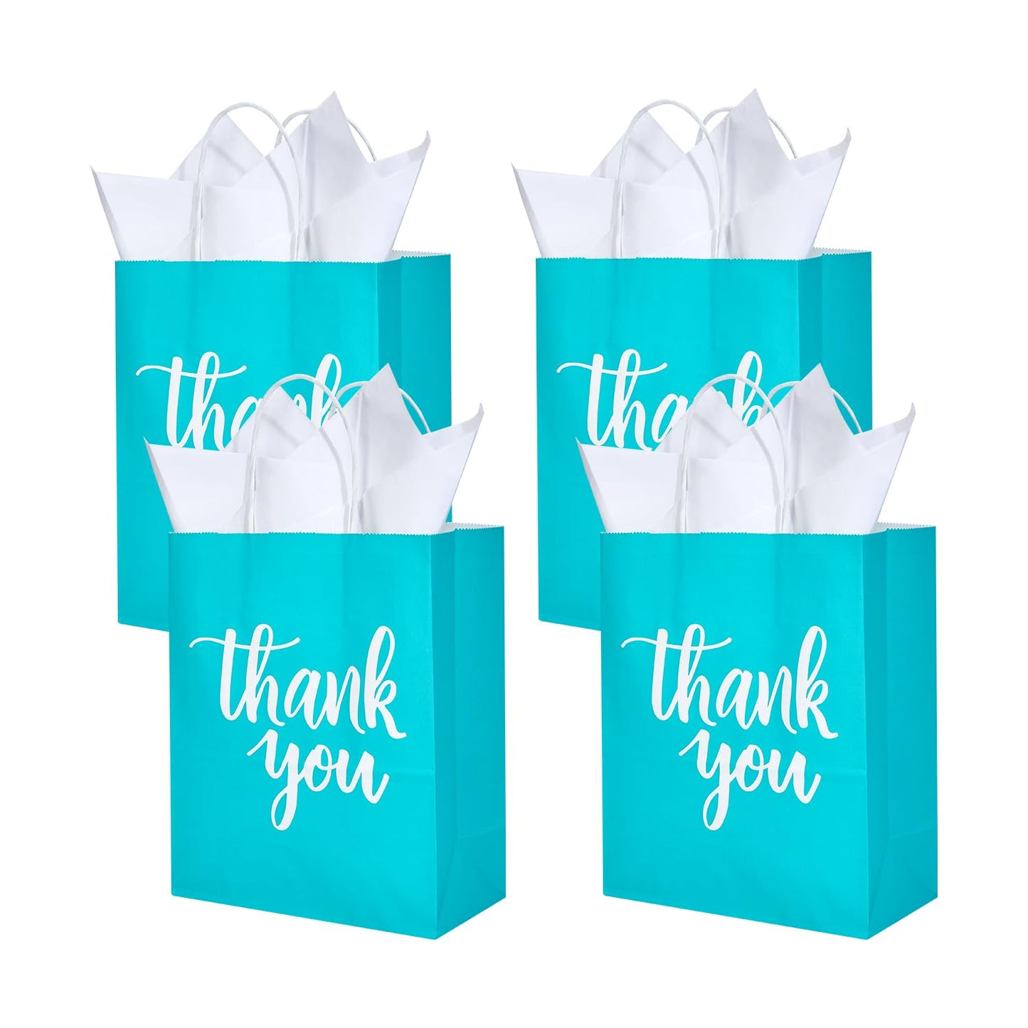DjinnGlory 50 Pack Medium Sized Teal Blue Gift Bags Thank You Paper Bags with Handles 10''x8''x4'' and 50 White Tissue Paper for Small Business Shopping, Wedding Baby Shower Party Favors (Teal)