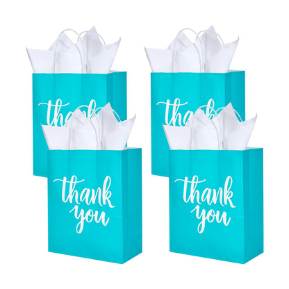 DjinnGlory 50 Pack Medium Sized Teal Blue Gift Bags Thank You Paper Bags with Handles 10''x8''x4'' and 50 White Tissue Paper for Small Business Shopping, Wedding Baby Shower Party Favors (Teal)
