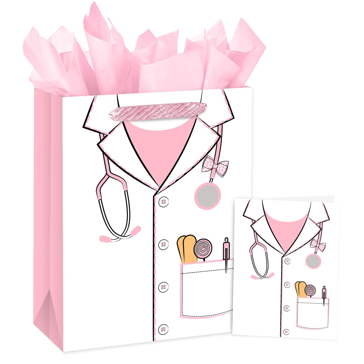 Loveinside 13" Large Pink Nurse Gift Bag for Wmen, Pink Medical Uniform Design Gift Bag with Tissue Paper, Crad for Nurses, Doctor, Nursing Graduation, Medical School, Thank You, 10" x 5" x 13", 1 Pcs