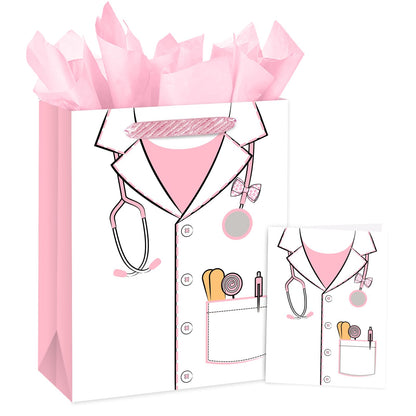 Loveinside 13" Large Pink Nurse Gift Bag for Wmen, Pink Medical Uniform Design Gift Bag with Tissue Paper, Crad for Nurses, Doctor, Nursing Graduation, Medical School, Thank You, 10" x 5" x 13", 1 Pcs