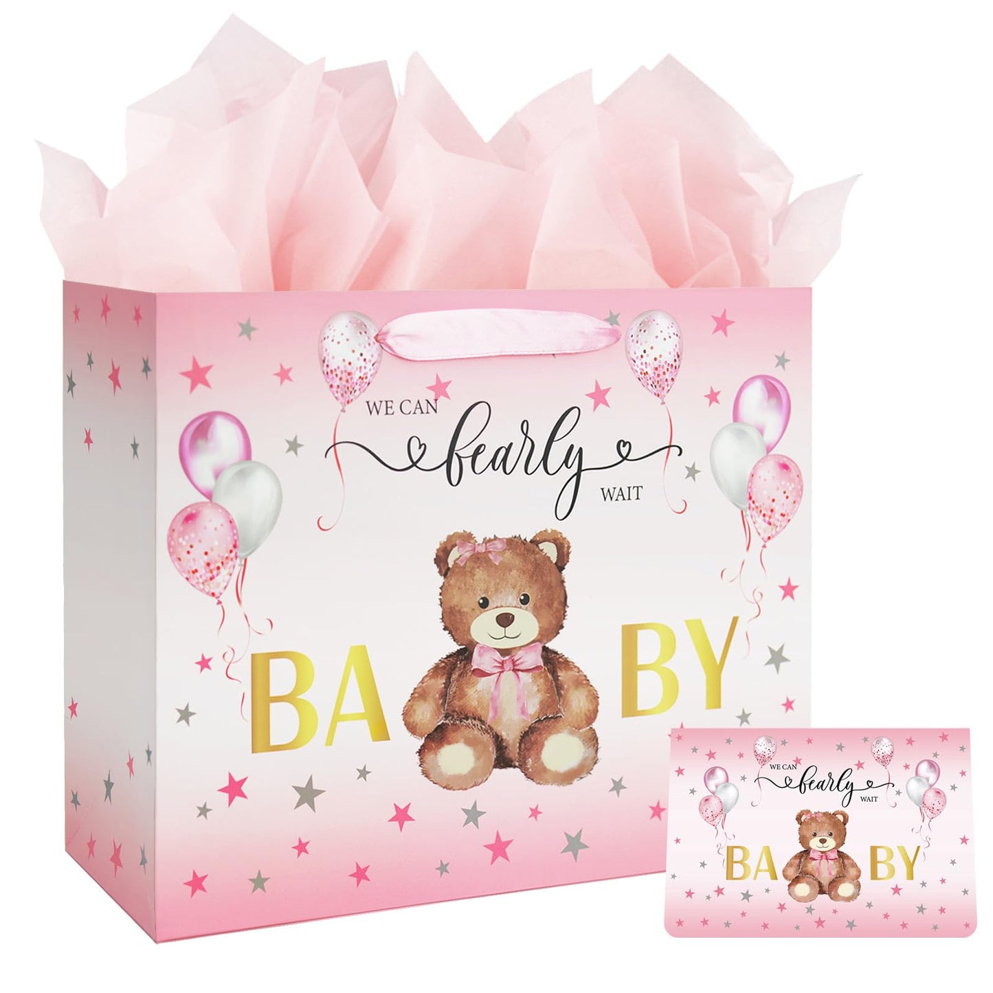 Laidans 13" Baby Shower Birthday Gift Bag for Girl with Tissue Papers and Card Pink Balloons Bear Design with Handles (Pink)
