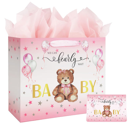 Laidans 13" Baby Shower Birthday Gift Bag for Girl with Tissue Papers and Card Pink Balloons Bear Design with Handles (Pink)