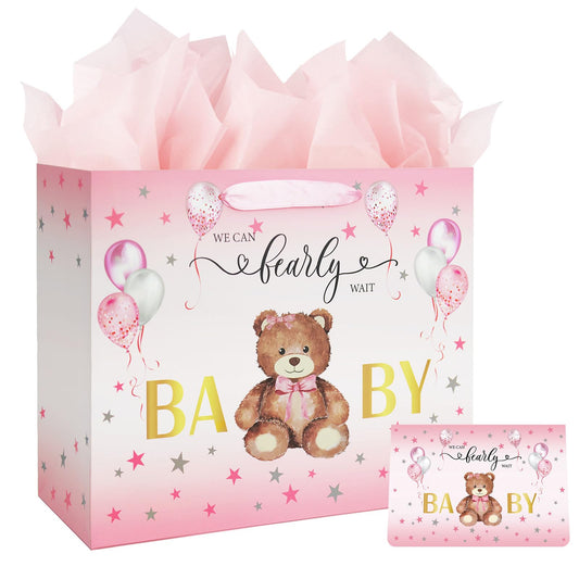 Laidans 13" Baby Shower Birthday Gift Bag for Girl with Tissue Papers and Card Pink Balloons Bear Design with Handles (Pink)