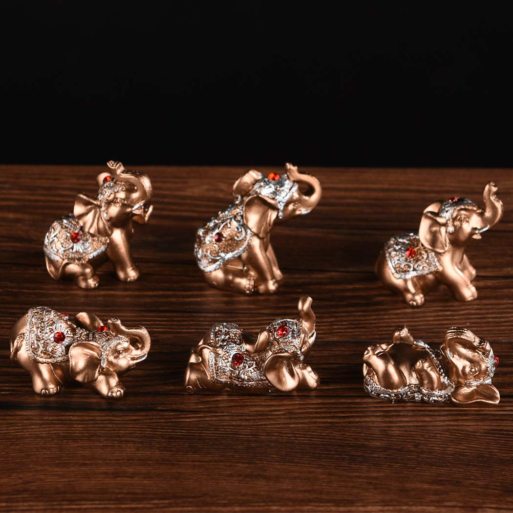 Brass Statu BRABUD Gold Resin Small Elephants Statues Home Decor Collection Gift Set of 6 BS123 (Gold)