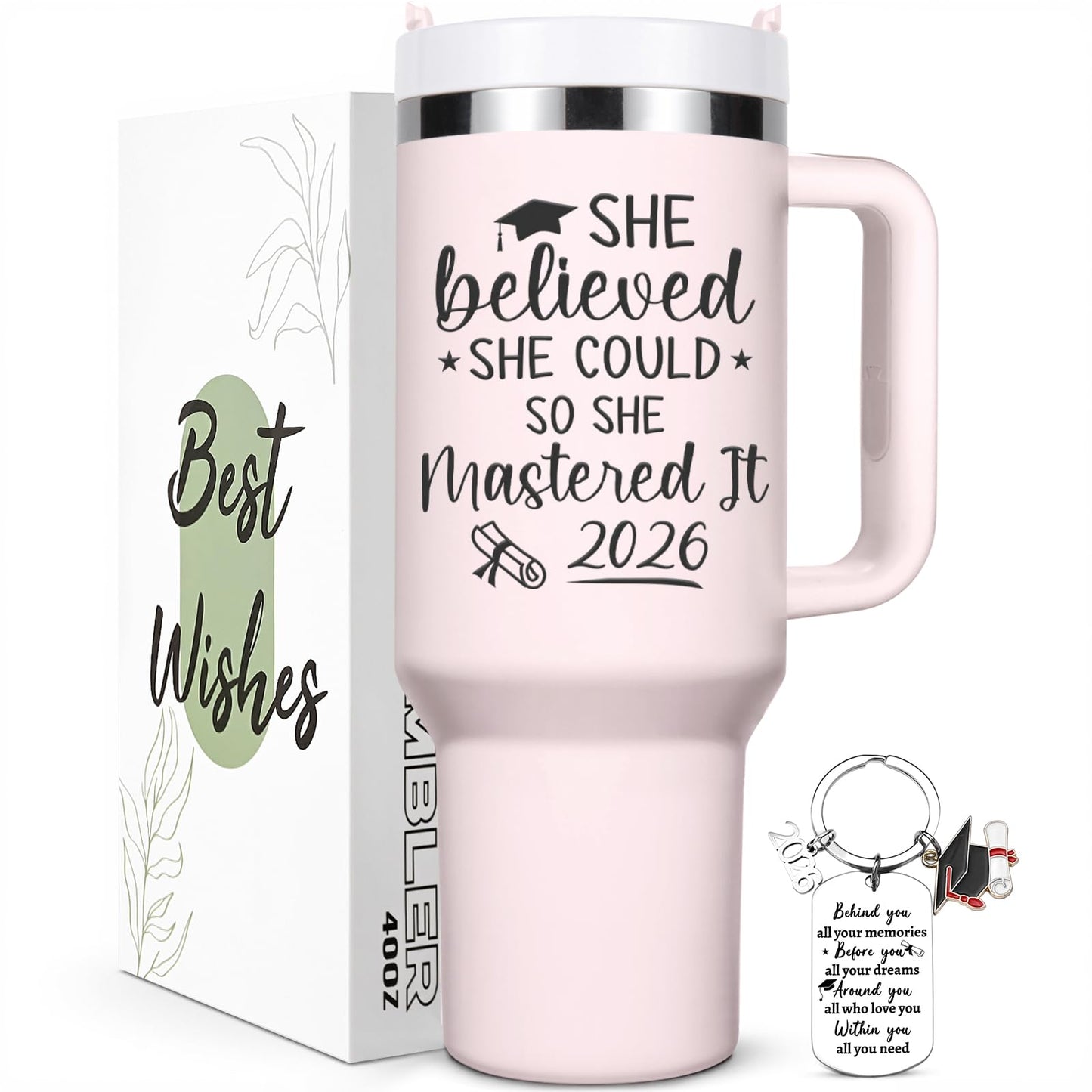 Lifecapido Graduation Gifts for Her, She Believed She Could So She Mastered It 2026 40oz Tumbler with Key Chain, College Masters Degree Graduation Gifts for Graduates Friends Classmates, Rose Quartz