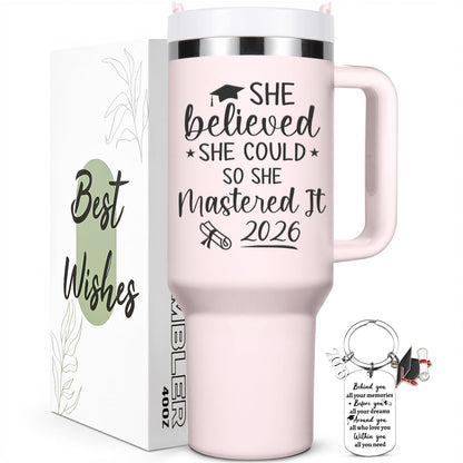 Lifecapido Graduation Gifts for Her, She Believed She Could So She Mastered It 2026 40oz Tumbler with Key Chain, College Masters Degree Graduation Gifts for Graduates Friends Classmates, Rose Quartz