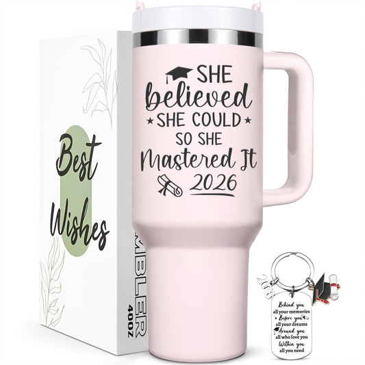 Lifecapido Graduation Gifts for Her, She Believed She Could So She Mastered It 2026 40oz Tumbler with Key Chain, College Masters Degree Graduation Gifts for Graduates Friends Classmates, Rose Quartz
