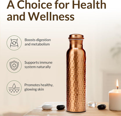 CLEO HOME 100% Pure Copper Water Bottle for Drinking, 32 Oz Hammered Ayurvedic Copper Bottle for Drinking Water | Leak-Proof & Eco-Friendly | For Yoga, Office, Travel with Canvas Carry Bag & Brush