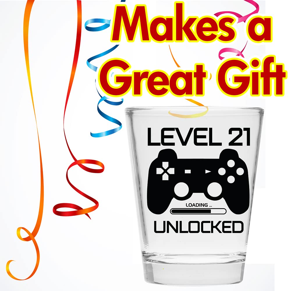 Make Em Laugh Level 21 Unlocked Shot Glass – Funny 21st Birthday Shot Glass for Him or Her – Celebrate Turning Twenty-One with Party Supplies and Drinking Gifts for Men and Women