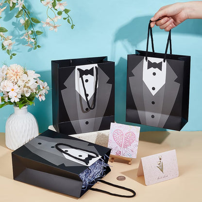 BENECREAT 12 Pack Tuxedo Gift Bags, 9.1x7.4x3.5inch Black White Paper Gift Bags with Handle for Groomsman, Bachelor Party Favors, Wedding