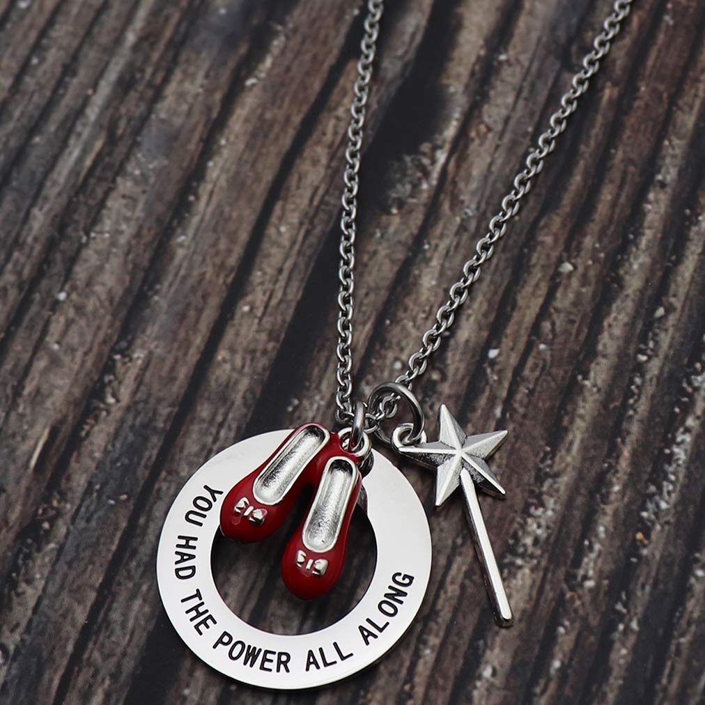 Beeshion Wizard of Oz Necklace Stainless Steel Charm with Ruby Red Slippers Pendant Necklace Inspirational Gift for Her