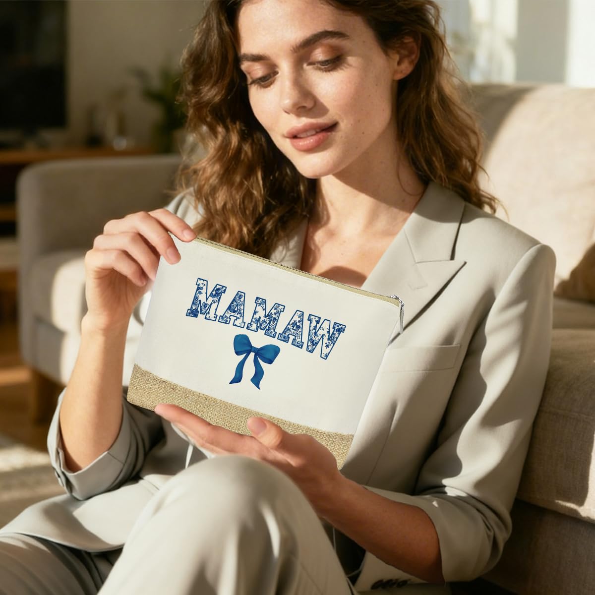 Mamaw Bag, Mamaw Gifts, Gifts for Mom Grandma, Birthday Christmas Retirement Appreciation Gift for Women Mom Grandma Nana Gigi Mimi, Reusable Blue Bow Floral Tote Bags and Makeup Bags With Zipper
