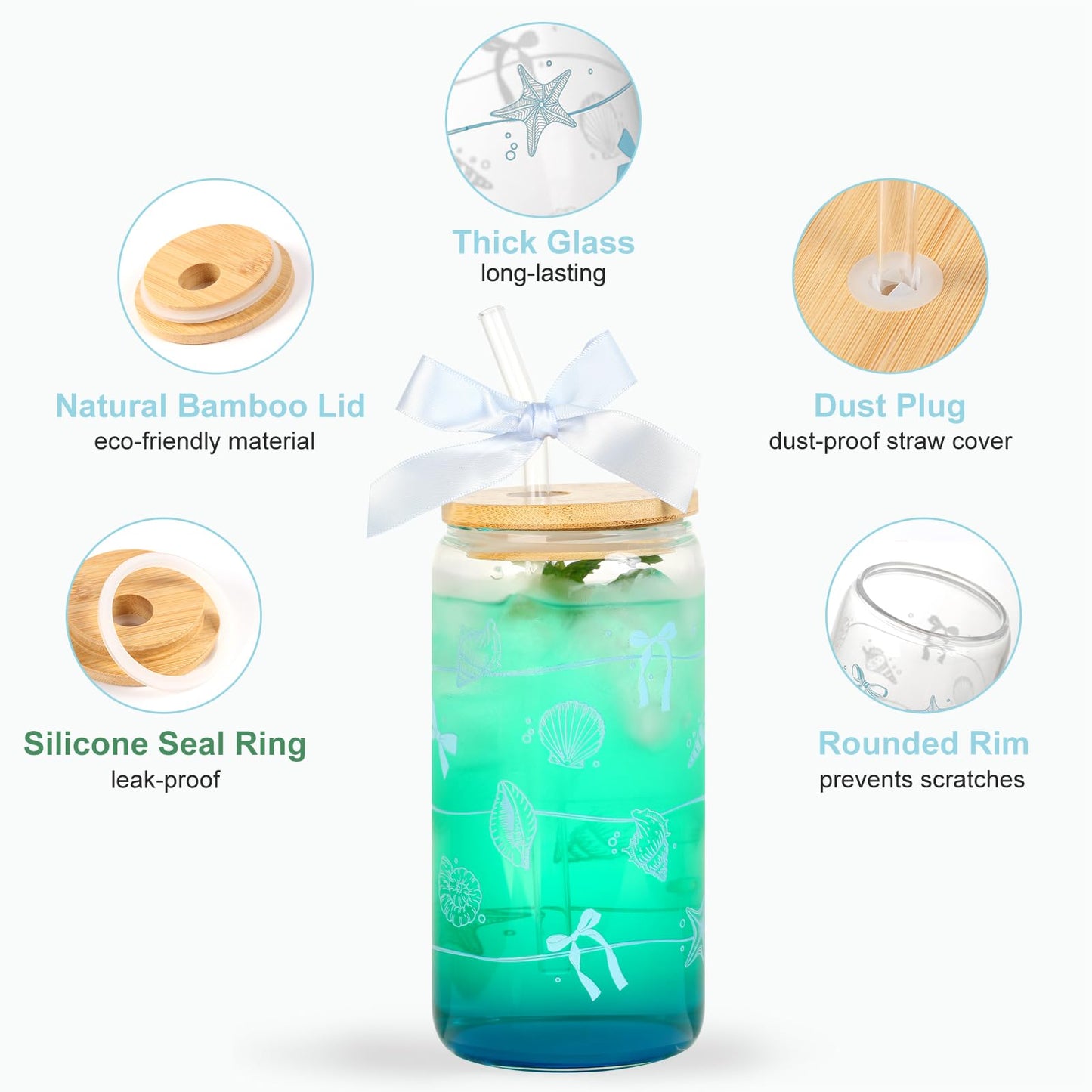 Ocean Animals Glass Cup with Lid and Straw, 16oz Iced Coffee Cup Tumbler Beach Gifts for Women Teen Girls Valentines Gifts for Mom Wife Sister Friends Colleagues Beach Lovers