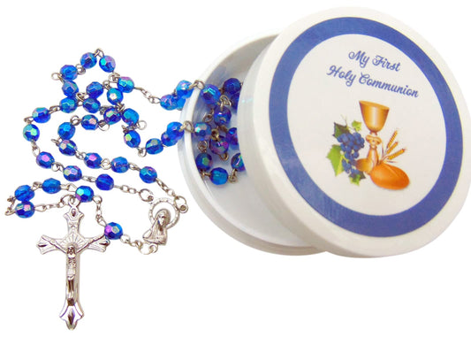 Westmon Works First Communion Rosary Set Blue Glass Beads in a Protective Case with Matching Holy Prayer Card