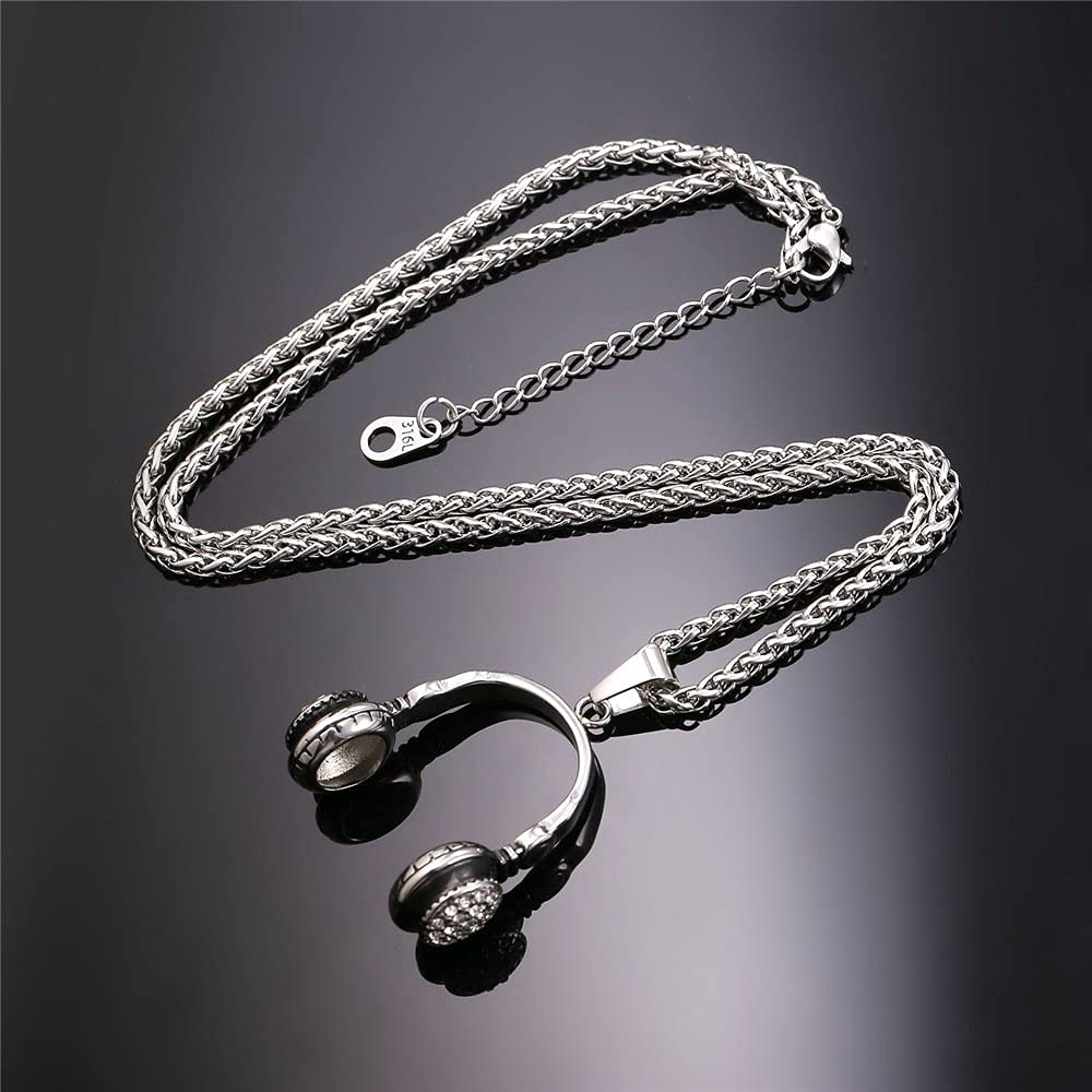 U7 Hip Hop Punk Music Necklace, Guitar Pick/Guitar/Microphone/Headphone Pendant with Chain for Men & Women, Stainless Steel R&B Music Jewelry, Silver/Gold/Black, Customizable
