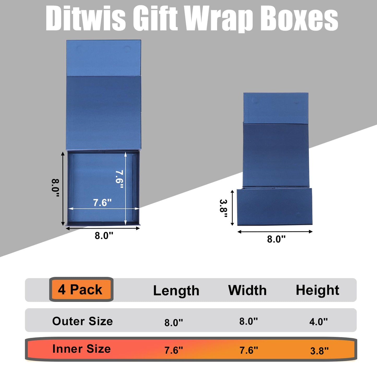 4 Pack 8x8x4 Inches Gift Boxes with Magnetic Closure Lids, Blue Magnetic Box for Wedding, Groomsmen Bridesmaid Proposal, Birthdays, Mother's Day