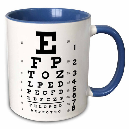 3dRose mug_110446_6 "Eye Chart Alphabet In Black" Two Tone Mug, Blue/White, 11 oz