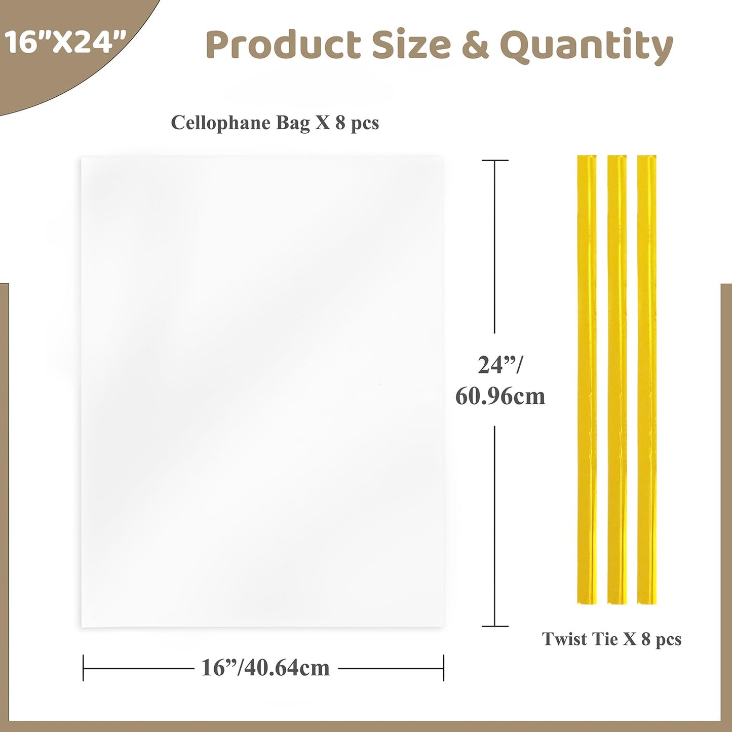 WIKDAY Cellophane Wrap for Gift Baskets 16x24 Inches 8 PCS Large Clear Gift Wrapping Plastic Bags with Ties for Gift Giving, Packaging Products