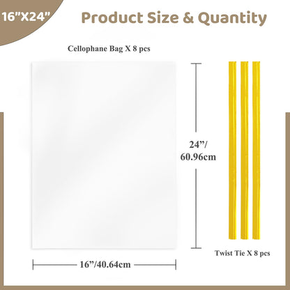 WIKDAY Cellophane Wrap for Gift Baskets 16x24 Inches 8 PCS Large Clear Gift Wrapping Plastic Bags with Ties for Gift Giving, Packaging Products