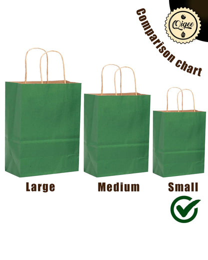 qiqee 100PCS Gift Bag with Handles Bulk Kraft Deep Green Paper Bags Multiple Uses (8.3"x3"x6"inch Small Size)